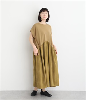 リネン混ストライプ ドッキングワンピース(イエローストライプ-ONESIZE)