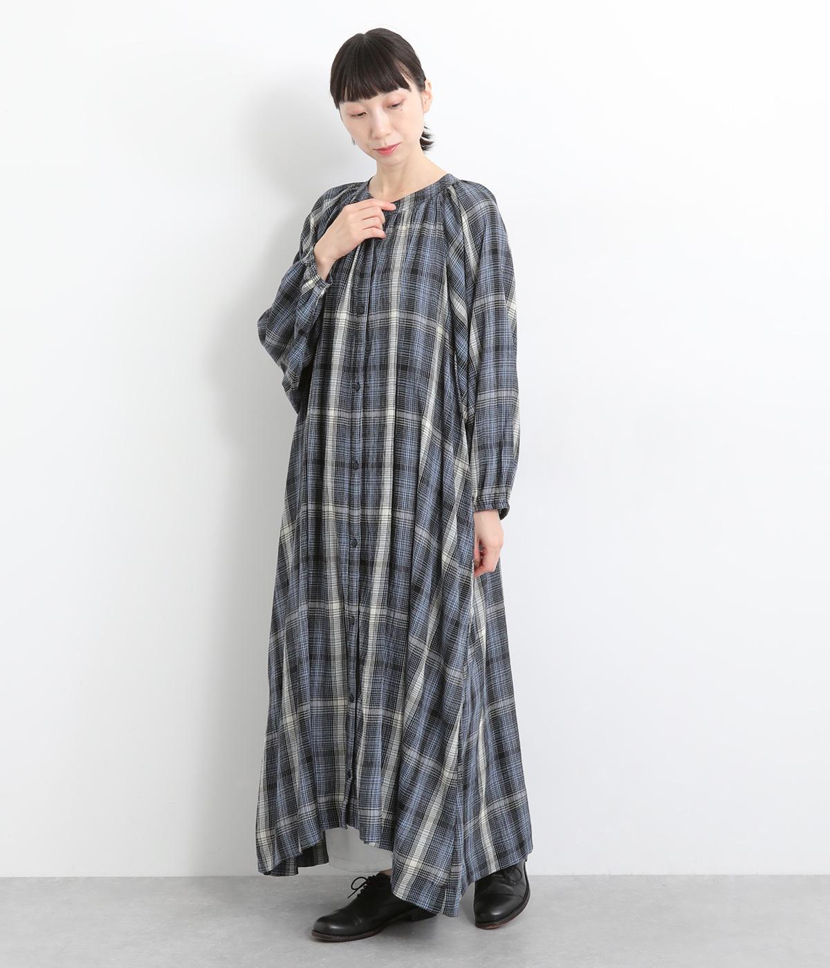 レーヨンクレープチェックワンピース(ブルー-ONESIZE)