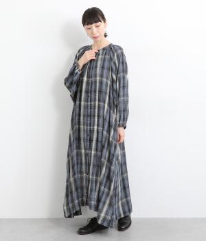 レーヨンクレープチェックワンピース(ブルー-ONESIZE)