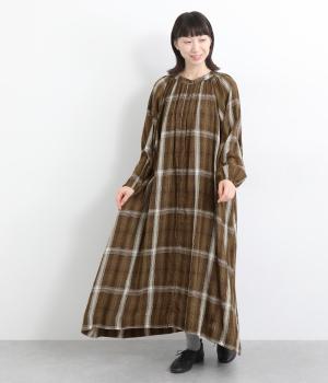 レーヨンクレープチェックワンピース(ブラウン-ONESIZE)