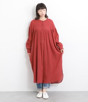 コットンクレープピンタックワンピース(ダークレッド-ONESIZE)