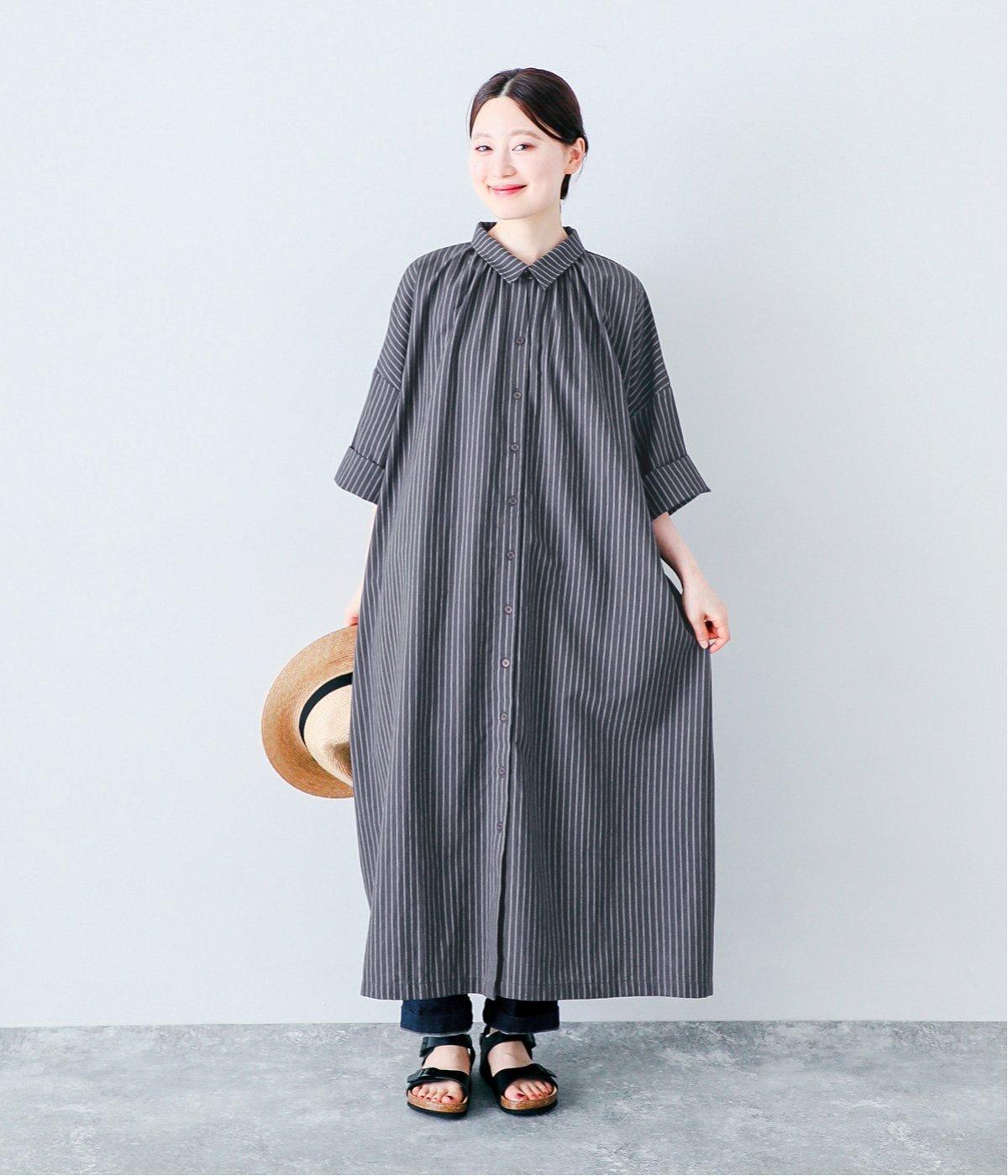 リネンライクシャツワンピース(チャコールストライプ-ONESIZE)