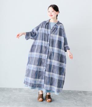 リネンライクシャツワンピース(ネイビーチェック-ONESIZE)