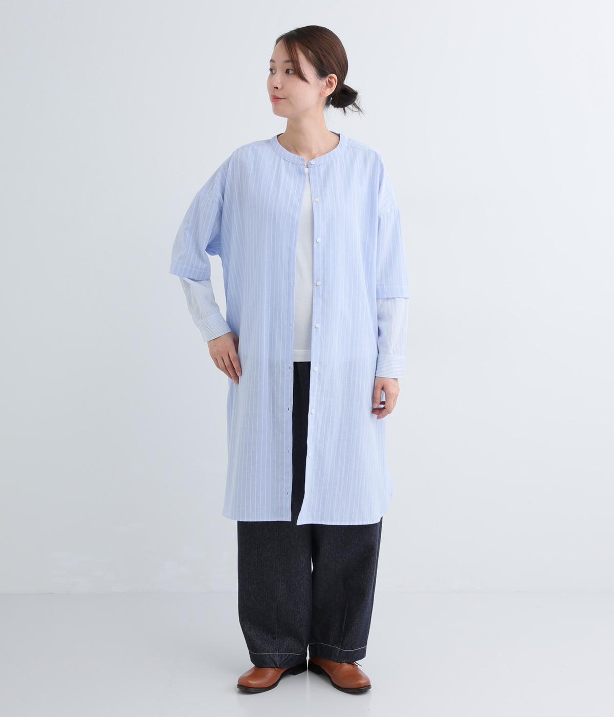 MIXストライプ袖レイヤードワンピース(ライトブルー-F)