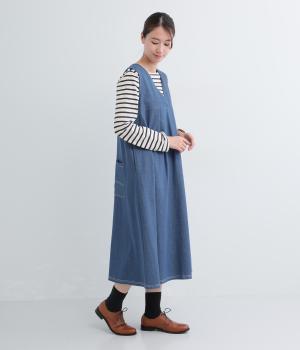 ヘリンボーン裏毛タックジャンパースカート(ブルーデニム-F)