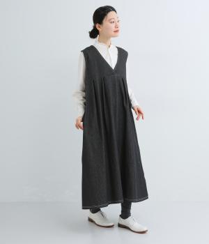 ヘリンボーン裏毛タックジャンパースカート(ブラックデニム-F)