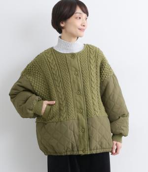 ノーカラー袖キルティングブルゾン(カーキ-F)