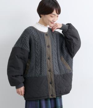 ノーカラー袖キルティングブルゾン(ブラック-F)