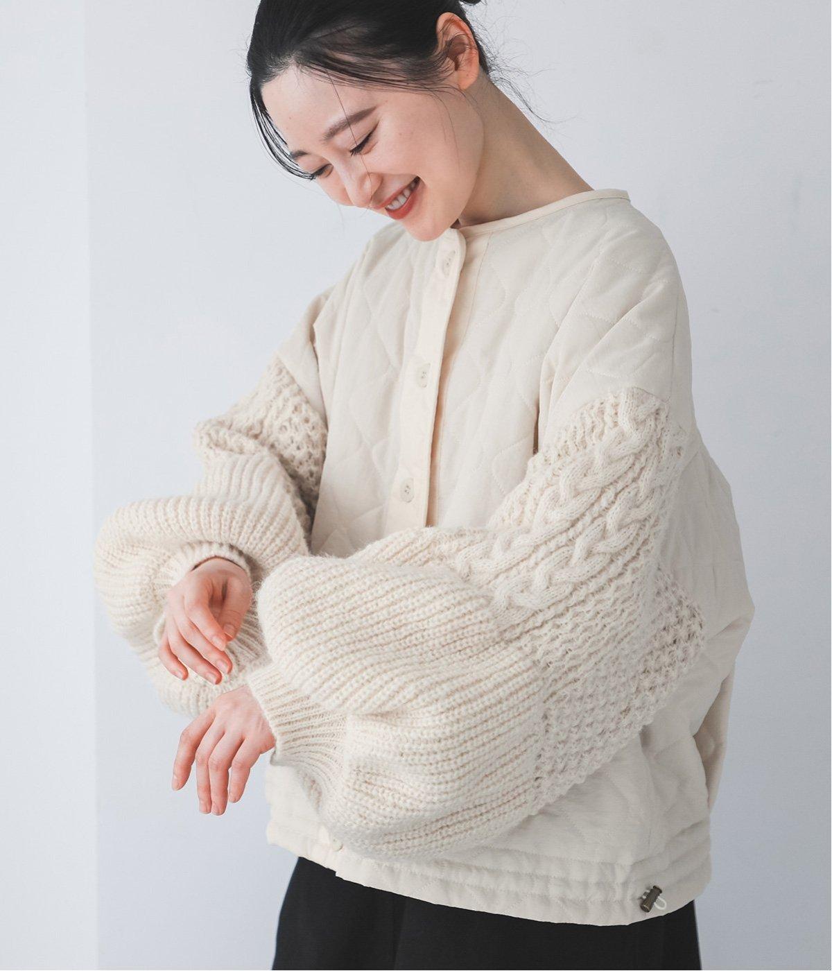 ノーカラークロップドキルティングニットブルゾン(アイボリー-F)