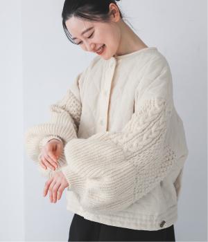 ノーカラークロップドキルティングニットブルゾン(アイボリー-F)