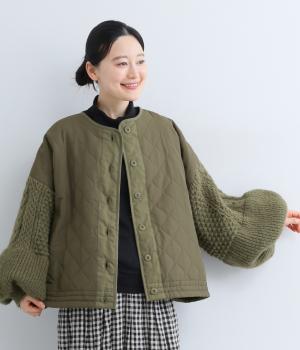 ノーカラークロップドキルティングニットブルゾン(カーキ-F)