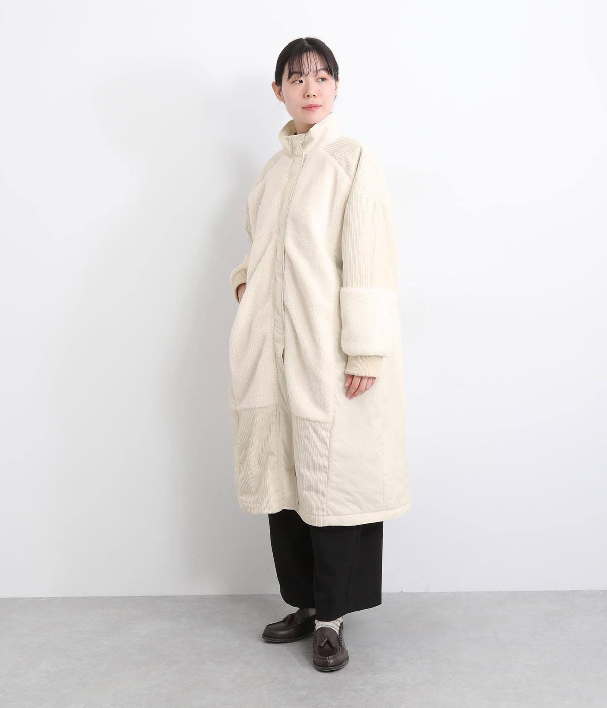 フリース×コーデュロイ×ナイロンハイネックロングコート(ベージュ-F)