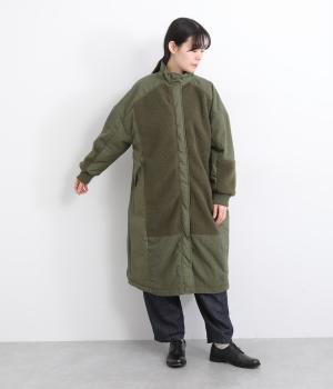 フリース×コーデュロイ×ナイロンハイネックロングコート(カーキ-F)