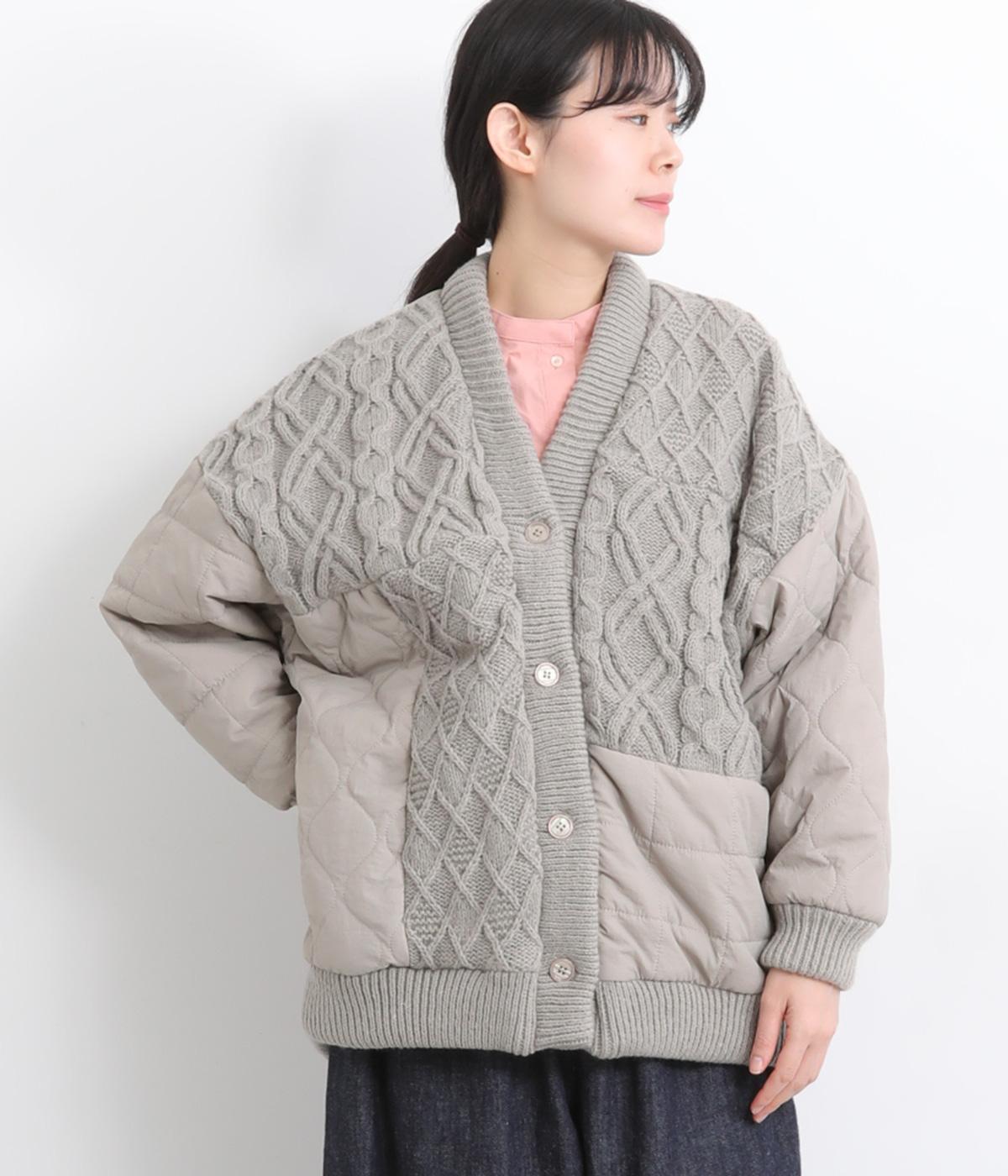 ニット×キルティング羽織カーディガン(グレージュ-F)