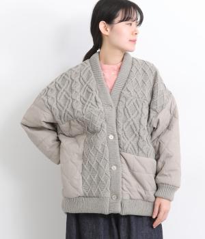 ニット×キルティング羽織カーディガン(グレージュ-F)