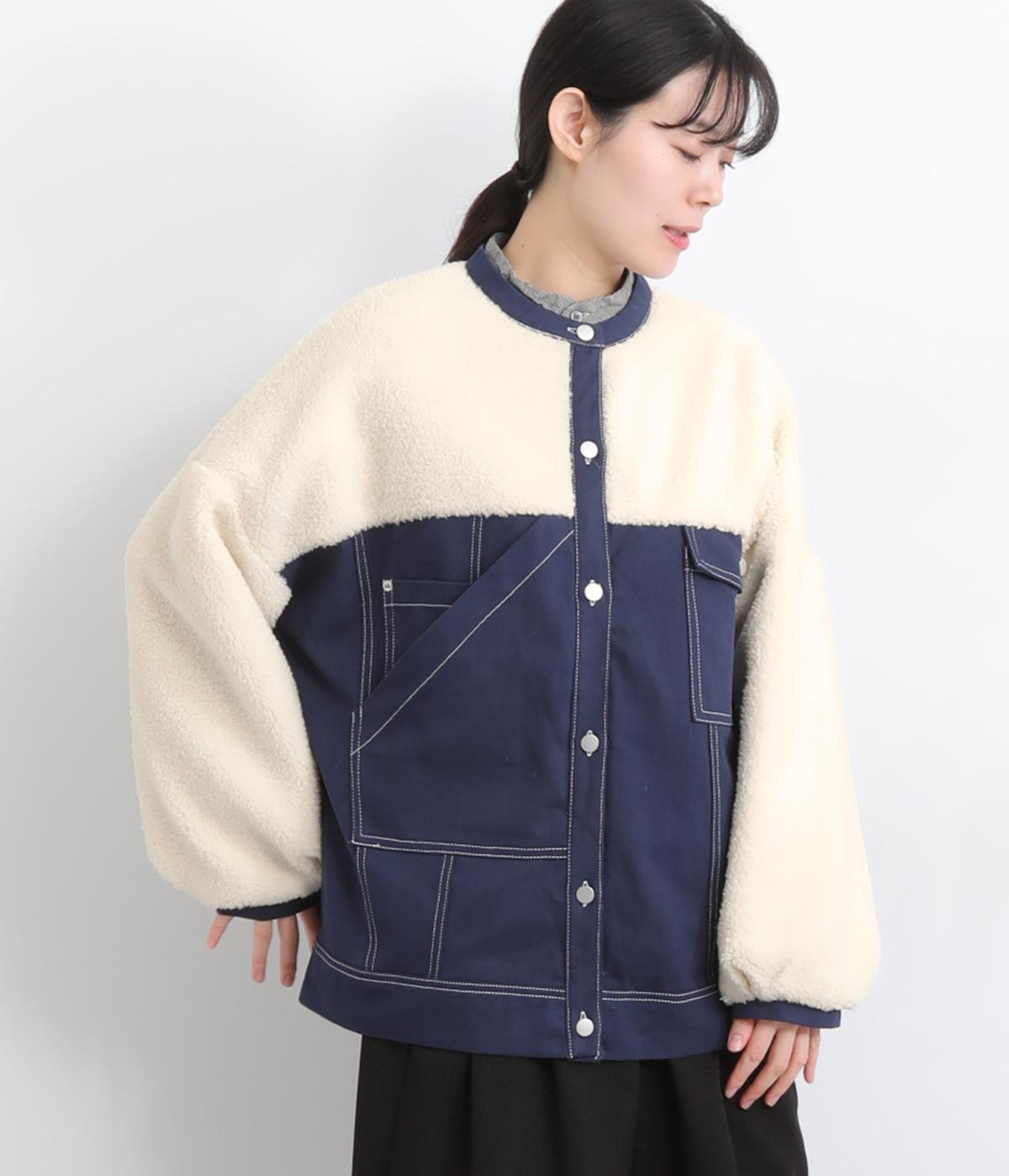 ボア×デニムボアドッキングデニムジャケット(ネイビー×アイボリー-F)