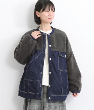ボア×デニムボアドッキングデニムジャケット(ネイビーデニム×チャコール-F)