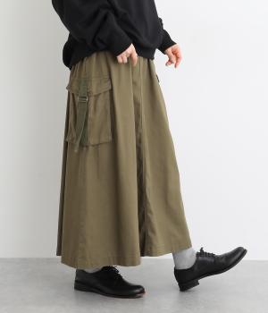ヘリンボーンツイル製品染めバイオサイドポケットスカート(カーキ-F)
