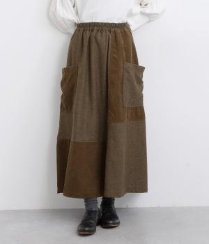 ヘリンボーンパッチワークフレアスカート(ブラウン-F)