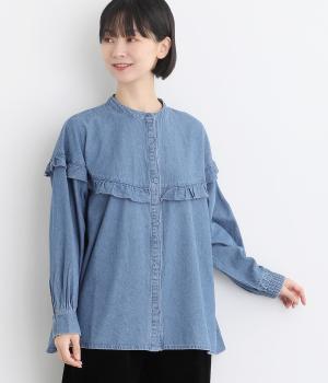 タイプライターヨークフリルブラウス(ブルーデニム-F)