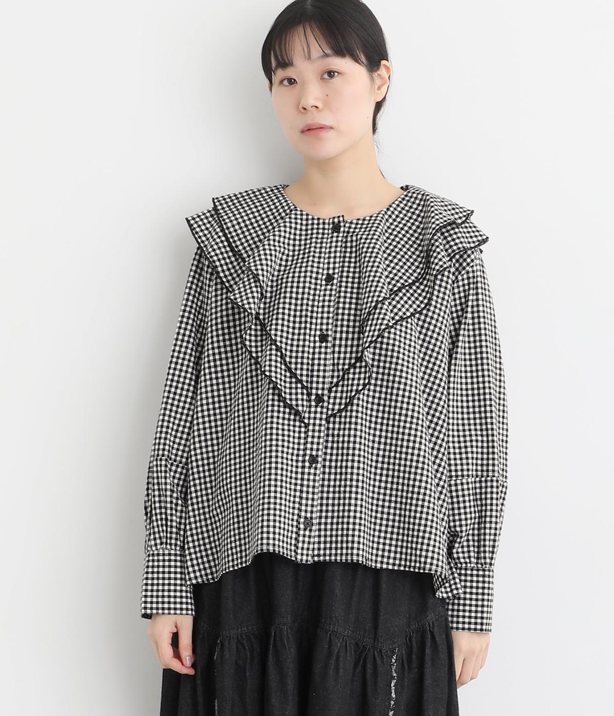 タイプライターラッフルブラウス(ギンガム-F)