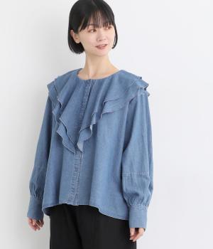 タイプライターラッフルブラウス(ブルーデニム-F)