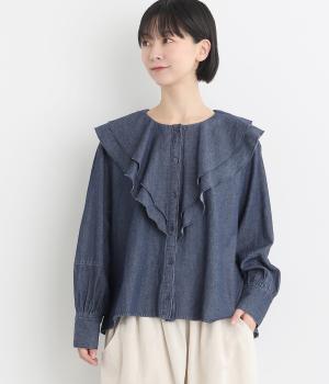 タイプライターラッフルブラウス(ネイビーデニム-F)