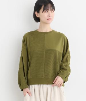 裏毛×リップル異素材ドッキングプルオーバー(カーキ-F)