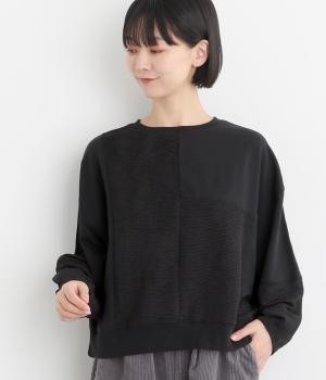 裏毛×リップル異素材ドッキングプルオーバー(ブラック-F)