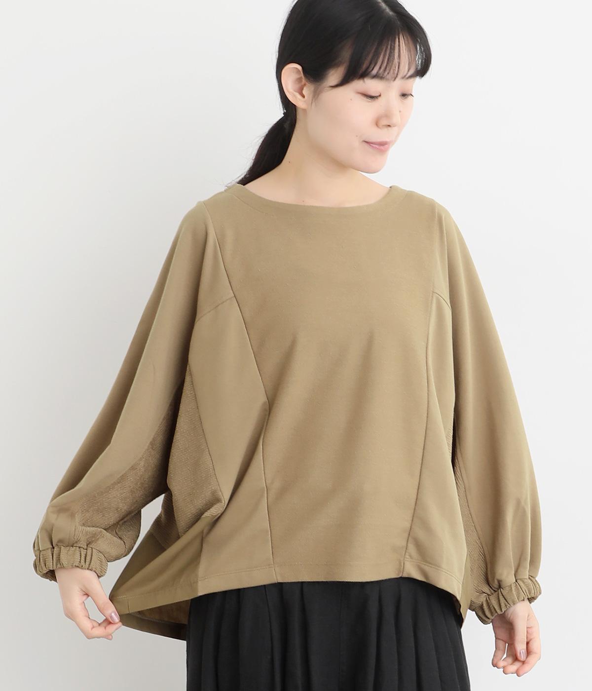 裏毛×リップル異素材ドッキングドルマンプルオーバー(ベージュ-F)