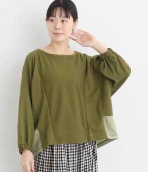 裏毛×リップル異素材ドッキングドルマンプルオーバー(カーキ-F)