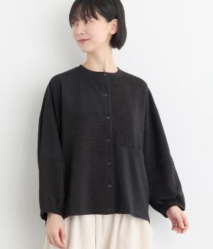 裏毛×リップル異素材ドッキングカーディガン(ブラック-F)