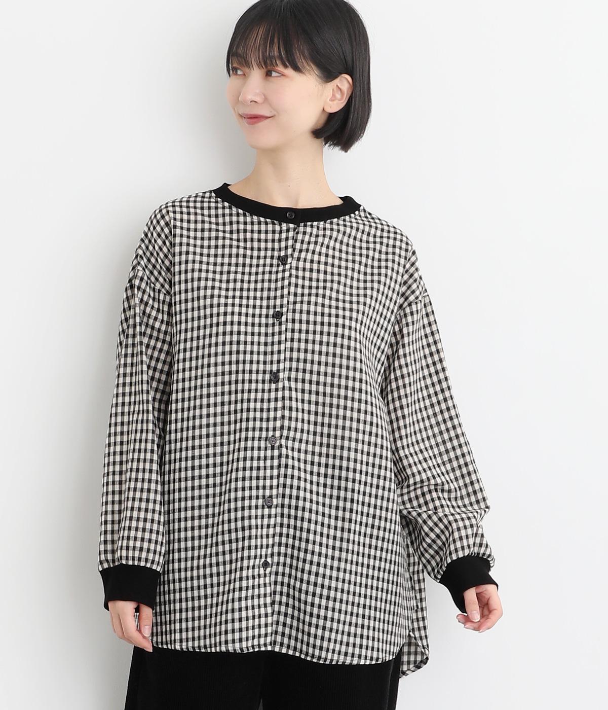 チェック布帛スタンドリブネックブラウス(ブラックチェック-F)
