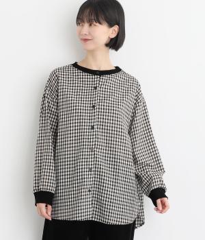チェック布帛スタンドリブネックブラウス(ブラックチェック-F)
