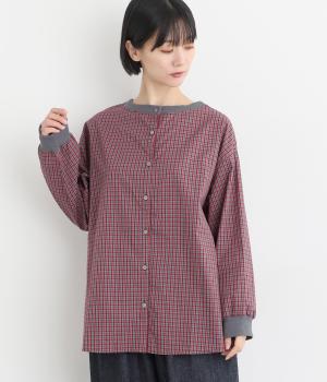 チェック布帛スタンドリブネックブラウス(グレーチェック-F)