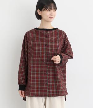 チェック布帛スタンドリブネックブラウス(レッドチェック-F)