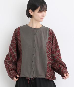 チェック布帛×裏毛シャツ(レッドチェック-F)