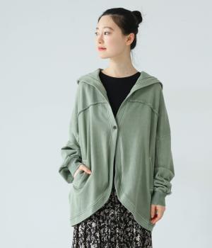 ピグメント裏毛フードカーディガン(カーキ-F)