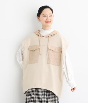 裏毛ニットソーフード付きベスト(グレージュ-F)