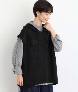 裏毛ニットソーフード付きベスト(ブラック-F)