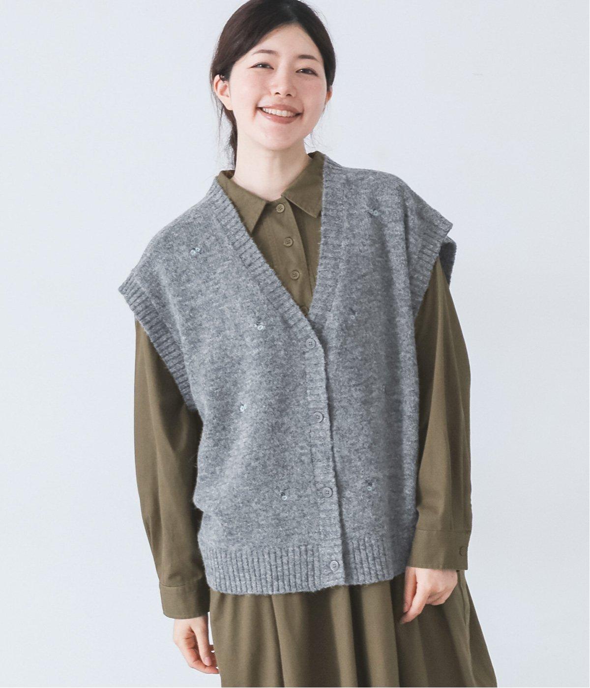 小花柄2way刺繍ベスト(杢グレイ-F)