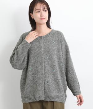 リサイクルニット刺繍カーディガン(杢グレイ-F)