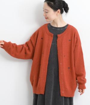 リサイクルニット刺繍カーディガン(オレンジ-F)