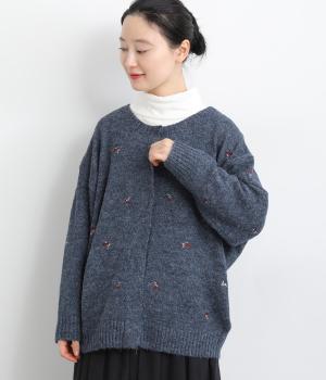 リサイクルニット刺繍カーディガン(ブルー-F)