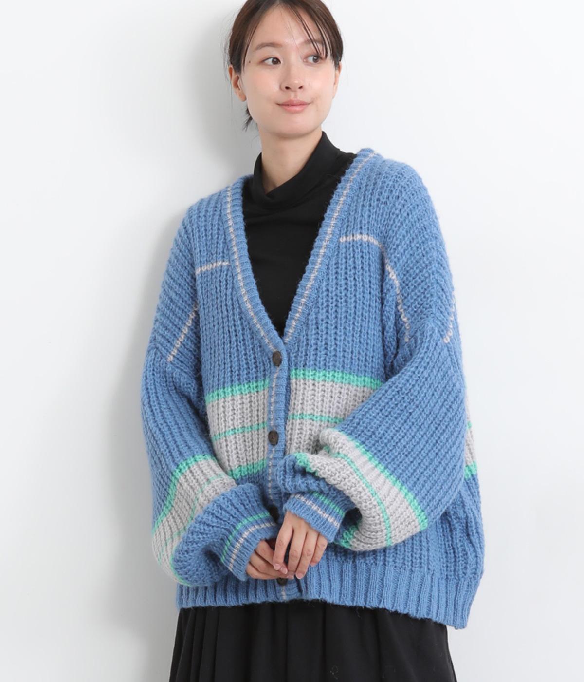 マルチボーダーカーディガン(ブルー-F)