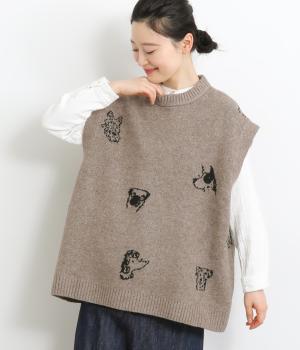 アニマルニット手描き風ワンちゃんベスト(グレージュ-F)