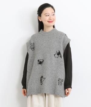 アニマルニット手描き風ワンちゃんベスト(杢グレー-F)