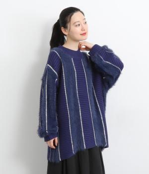 シャギーニット切替プルオーバー(ネイビー-F)
