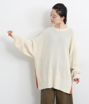 畦編みニット配色スリットプルオーバー(アイボリー-F)