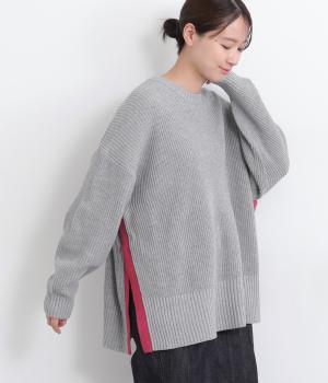 畦編みニット配色スリットプルオーバー(杢グレー-F)